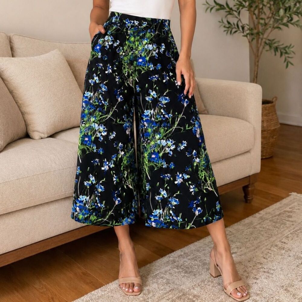 Warehouse Blue Floral High Rise Wide Leg Cropped Culotte Pants US 6 UK 10